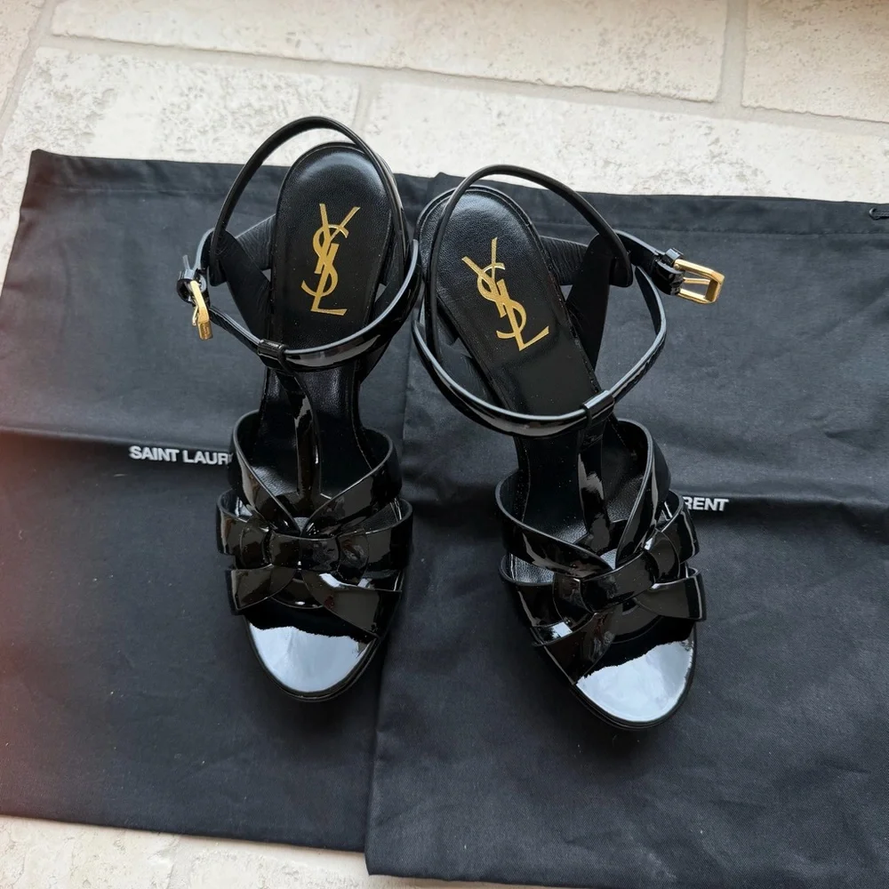 Saint Laurent Black Patent Leather Bow Strappy Heels - Picture 1 of 5